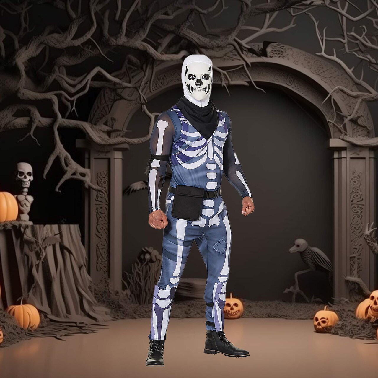 Fortnite Skull Trooper Adult Costume with Jumpsuit Bandana and Mask for Halloween